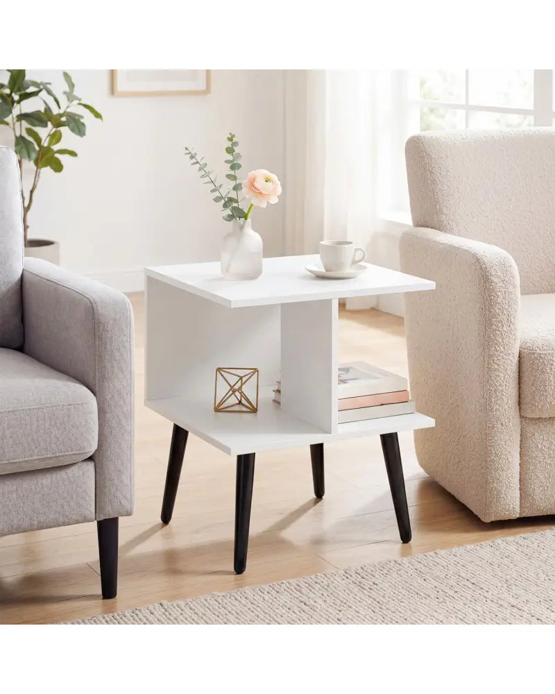 2-Tier Mid Century Modern End Table with 2 Compartments and Metal Legs-White - White - End & Side Tables