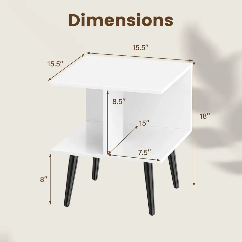 2-Tier Mid Century Modern End Table with 2 Compartments and Metal Legs-White - White - End & Side Tables