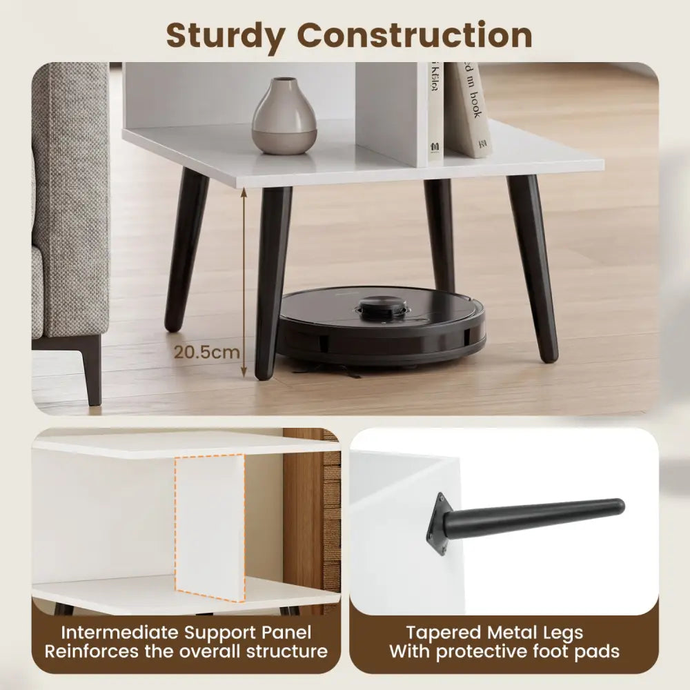 2-Tier Mid Century Modern End Table with 2 Compartments and Metal Legs-White - White - End & Side Tables