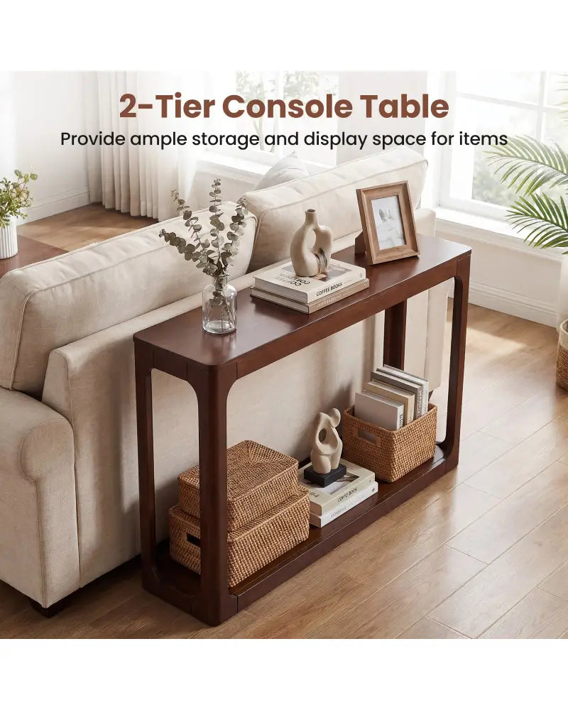 2-Tier Mid Century Wood Console Table with Storage Shelf-Brown - Brown - Console Tables