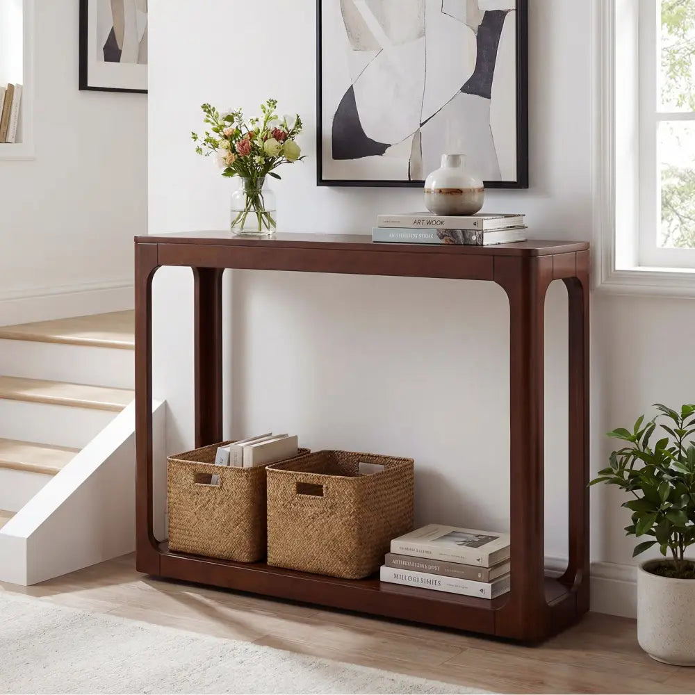 2-Tier Mid Century Wood Console Table with Storage Shelf-Brown - Brown - Console Tables