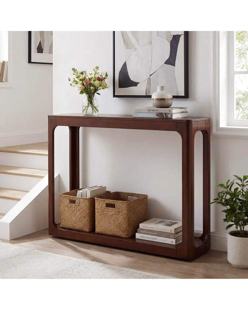 2-Tier Mid Century Wood Console Table with Storage Shelf-Brown - Brown - Console Tables