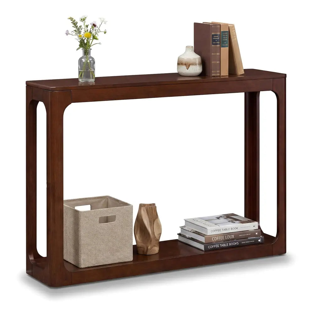 2-Tier Mid Century Wood Console Table with Storage Shelf-Brown - Brown - Console Tables