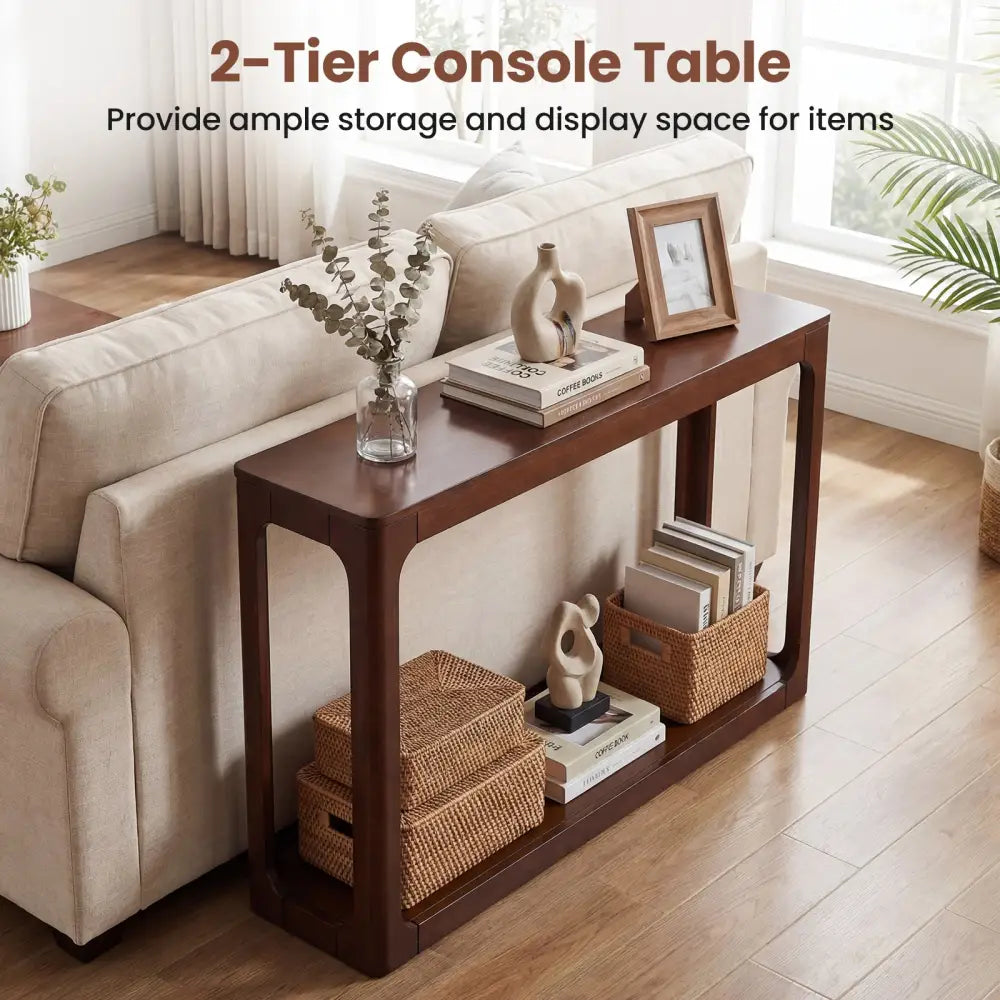 2-Tier Mid Century Wood Console Table with Storage Shelf-Brown - Brown - Console Tables