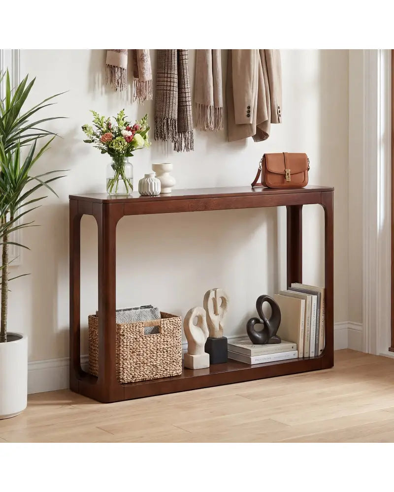 2-Tier Mid Century Wood Console Table with Storage Shelf-Brown - Brown - Console Tables