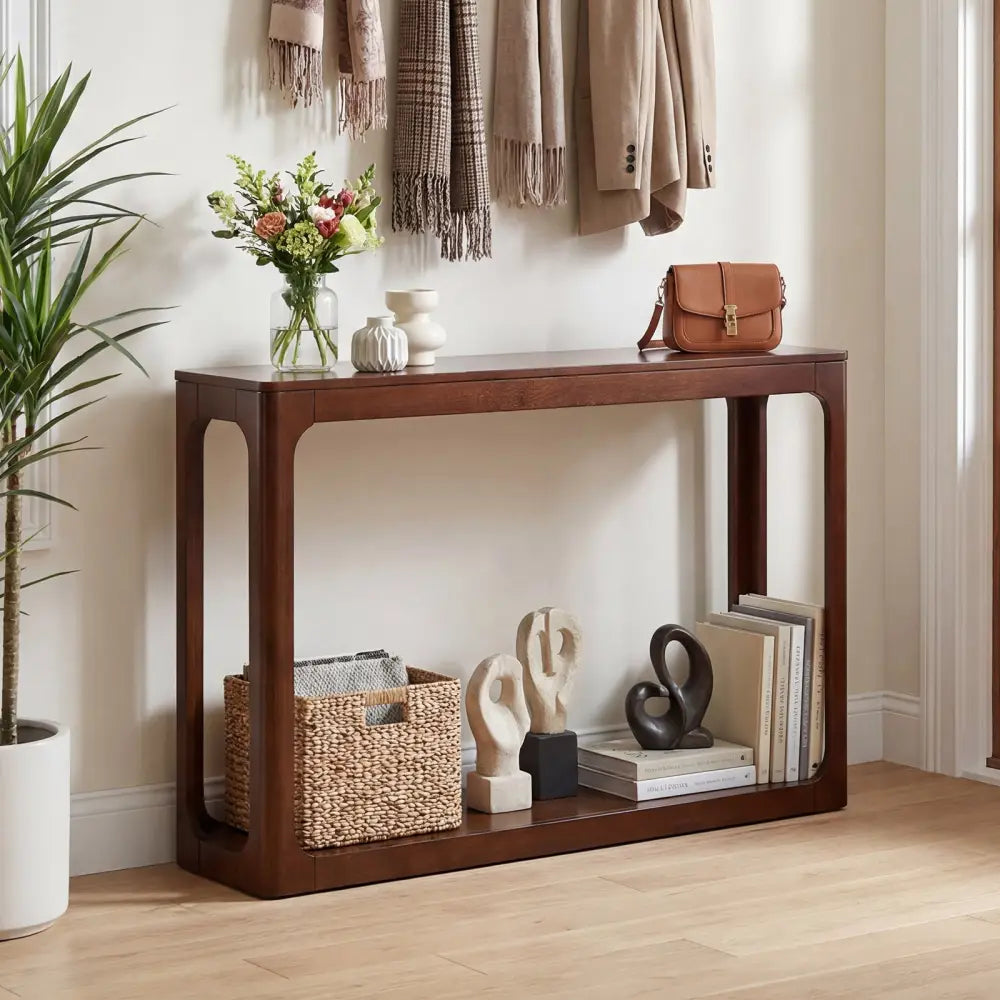2-Tier Mid Century Wood Console Table with Storage Shelf-Brown - Brown - Console Tables
