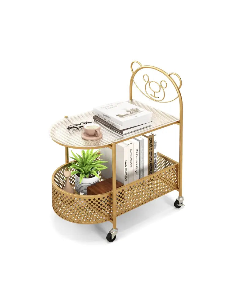 2-Tier Mobile Glass Coffee Table with Bear Pattern-Golden - Golden - End & Side Tables