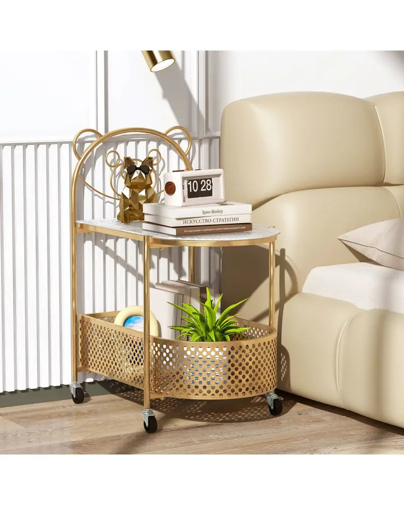 2-Tier Mobile Glass Coffee Table with Bear Pattern-Golden - Golden - End & Side Tables
