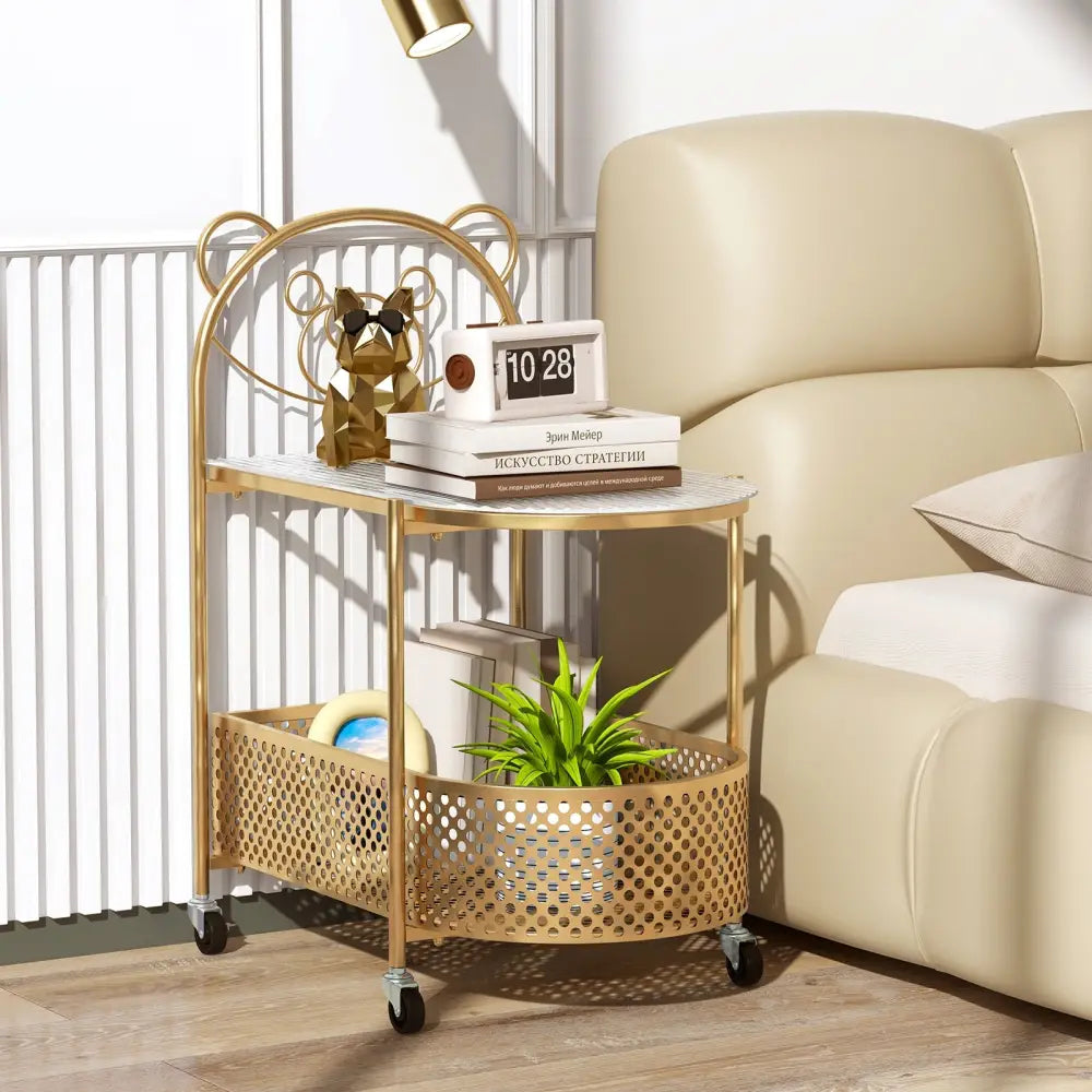 2-Tier Mobile Glass Coffee Table with Bear Pattern-Golden - Golden - End & Side Tables