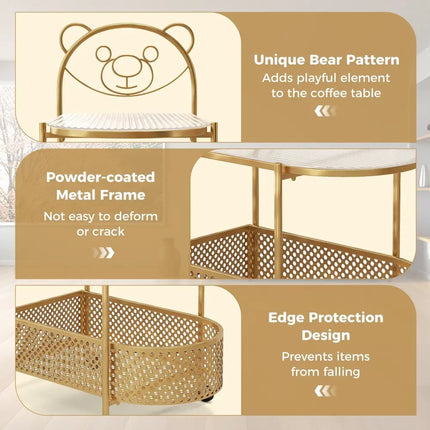 2-Tier Mobile Glass Coffee Table with Bear Pattern-Golden Costway