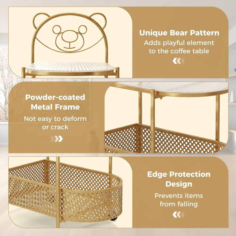 2-Tier Mobile Glass Coffee Table with Bear Pattern-Golden Costway