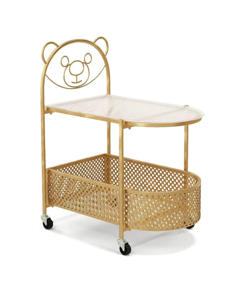 2-Tier Mobile Glass Coffee Table with Bear Pattern-Golden - Golden - End & Side Tables