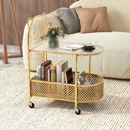 2-Tier Mobile Glass Coffee Table with Bear Pattern-Golden Costway