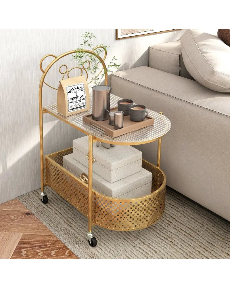 2-Tier Mobile Glass Coffee Table with Bear Pattern-Golden - Golden - End & Side Tables