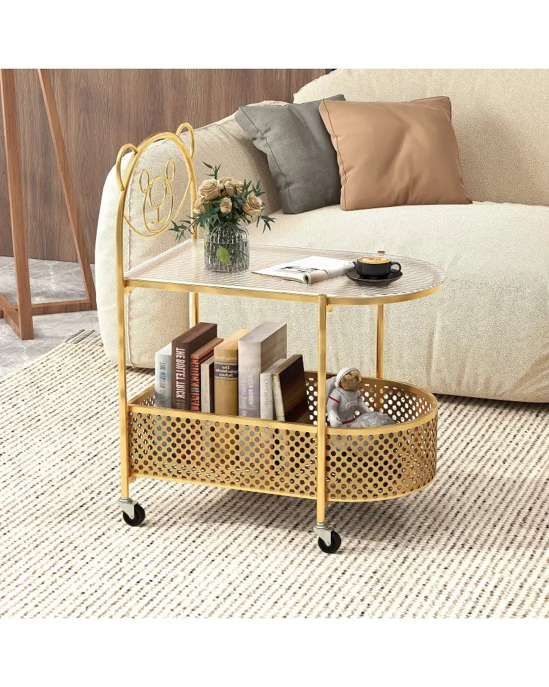 2-Tier Mobile Glass Coffee Table with Bear Pattern-Golden - Golden - End & Side Tables