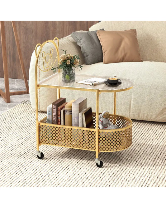 2-Tier Mobile Glass Coffee Table with Bear Pattern-Golden - Golden - End & Side Tables