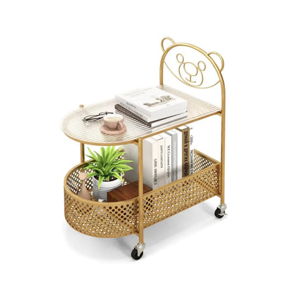 2-Tier Mobile Glass Coffee Table with Bear Pattern-Golden Costway