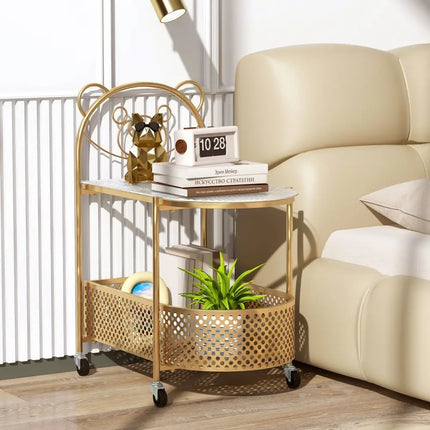 2-Tier Mobile Glass Coffee Table with Bear Pattern-Golden Costway