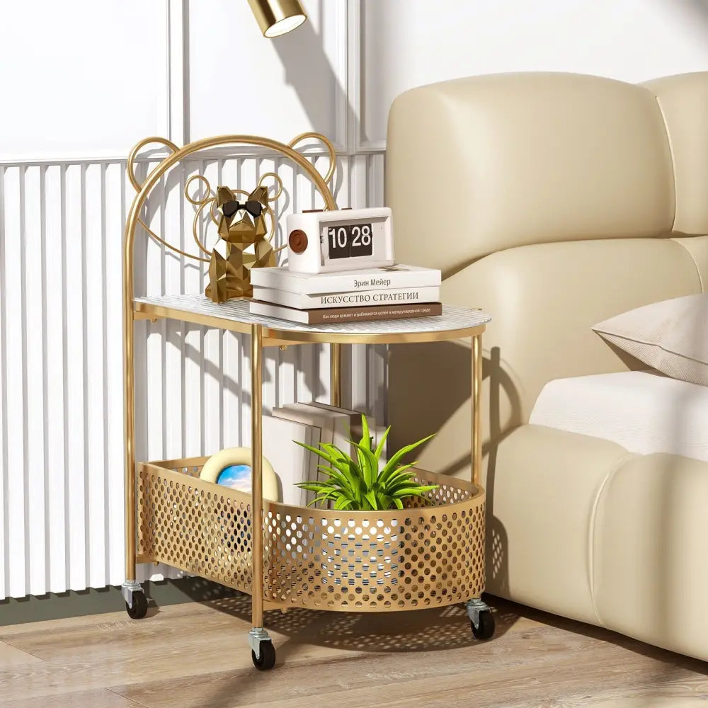 2-Tier Mobile Glass Coffee Table with Bear Pattern-Golden Costway