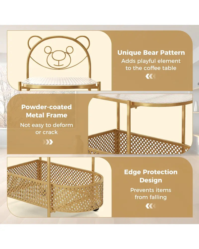 2-Tier Mobile Glass Coffee Table with Bear Pattern-Golden - Golden - End & Side Tables
