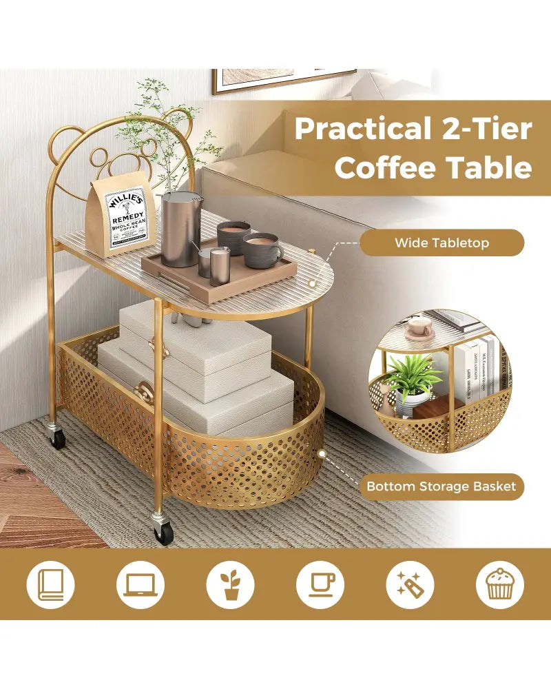 2-Tier Mobile Glass Coffee Table with Bear Pattern-Golden - Golden - End & Side Tables