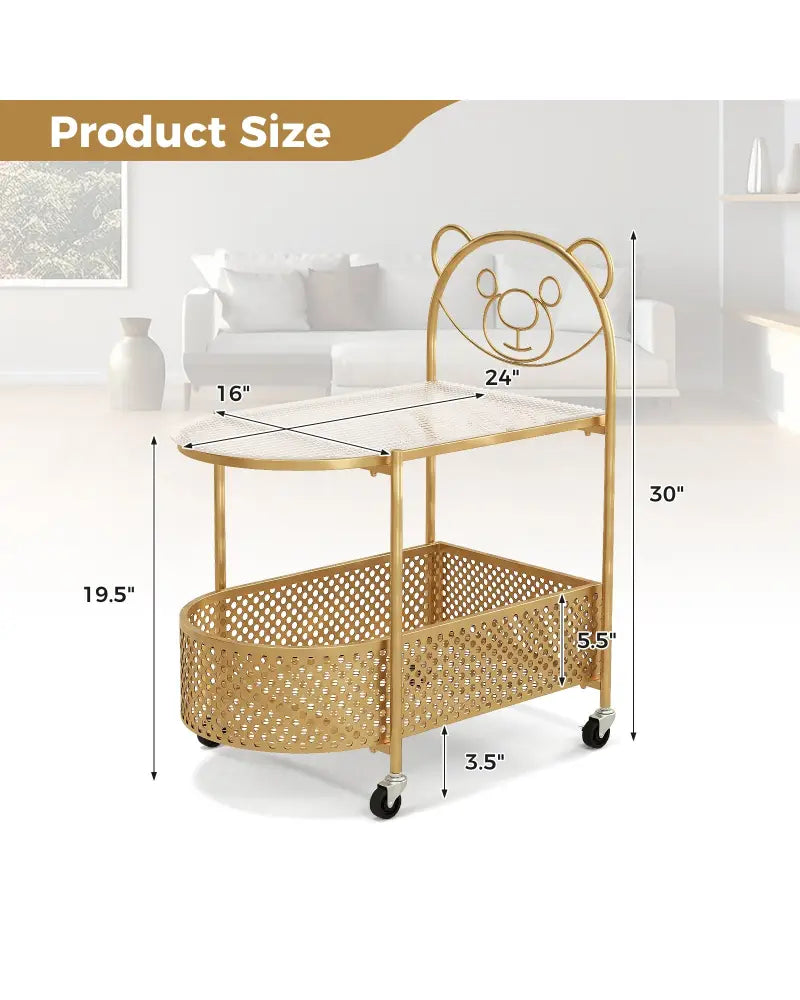 2-Tier Mobile Glass Coffee Table with Bear Pattern-Golden - Golden - End & Side Tables