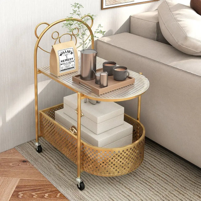 2-Tier Mobile Glass Coffee Table with Bear Pattern-Golden Costway