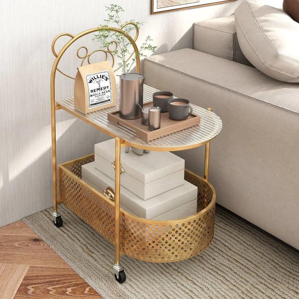 2-Tier Mobile Glass Coffee Table with Bear Pattern-Golden Costway