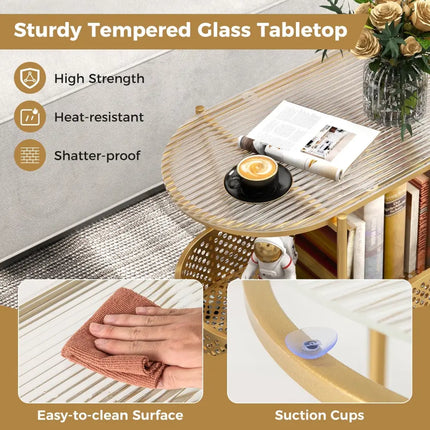 2-Tier Mobile Glass Coffee Table with Bear Pattern-Golden Costway