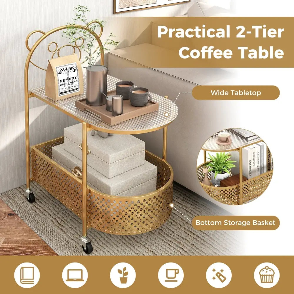 2-Tier Mobile Glass Coffee Table with Bear Pattern-Golden Costway