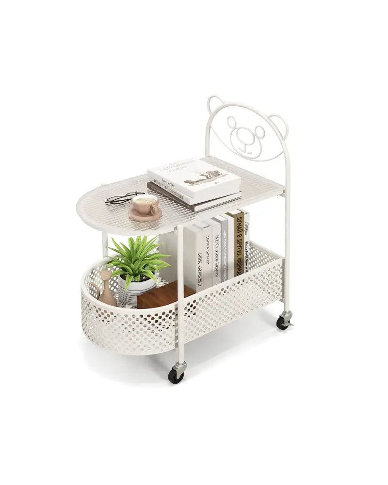 2-Tier Mobile Glass Coffee Table with Bear Pattern-White - White - End & Side Tables