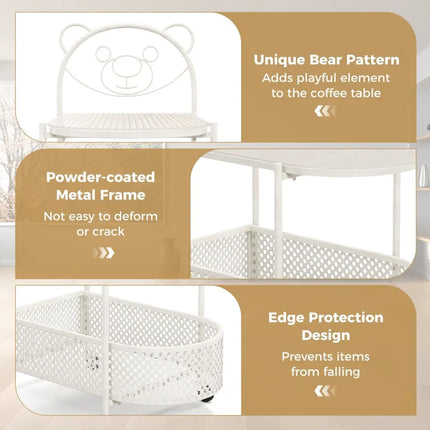 2-Tier Mobile Glass Coffee Table with Bear Pattern-White Costway