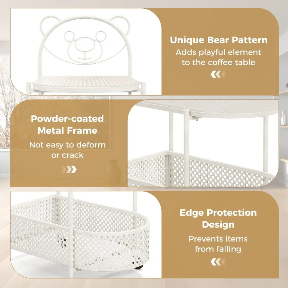 2-Tier Mobile Glass Coffee Table with Bear Pattern-White Costway
