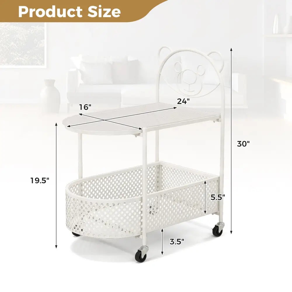 2-Tier Mobile Glass Coffee Table with Bear Pattern-White Costway