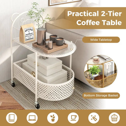 2-Tier Mobile Glass Coffee Table with Bear Pattern-White Costway