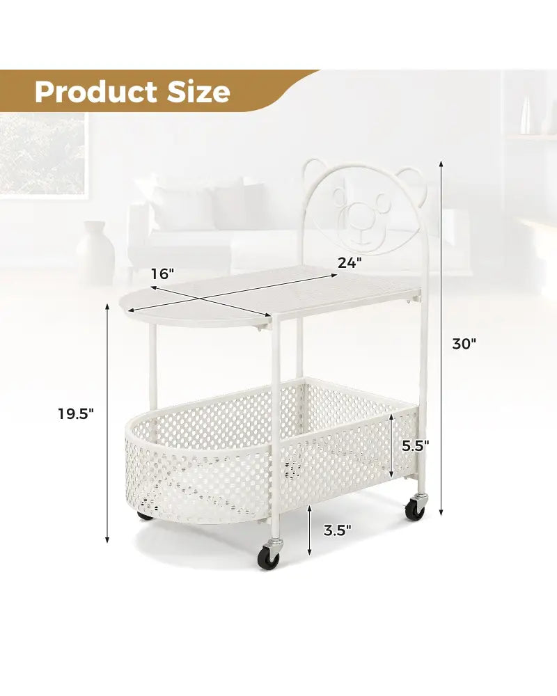 2-Tier Mobile Glass Coffee Table with Bear Pattern-White - White - End & Side Tables