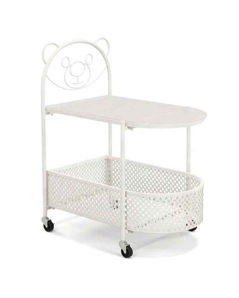 2-Tier Mobile Glass Coffee Table with Bear Pattern-White - White - End & Side Tables