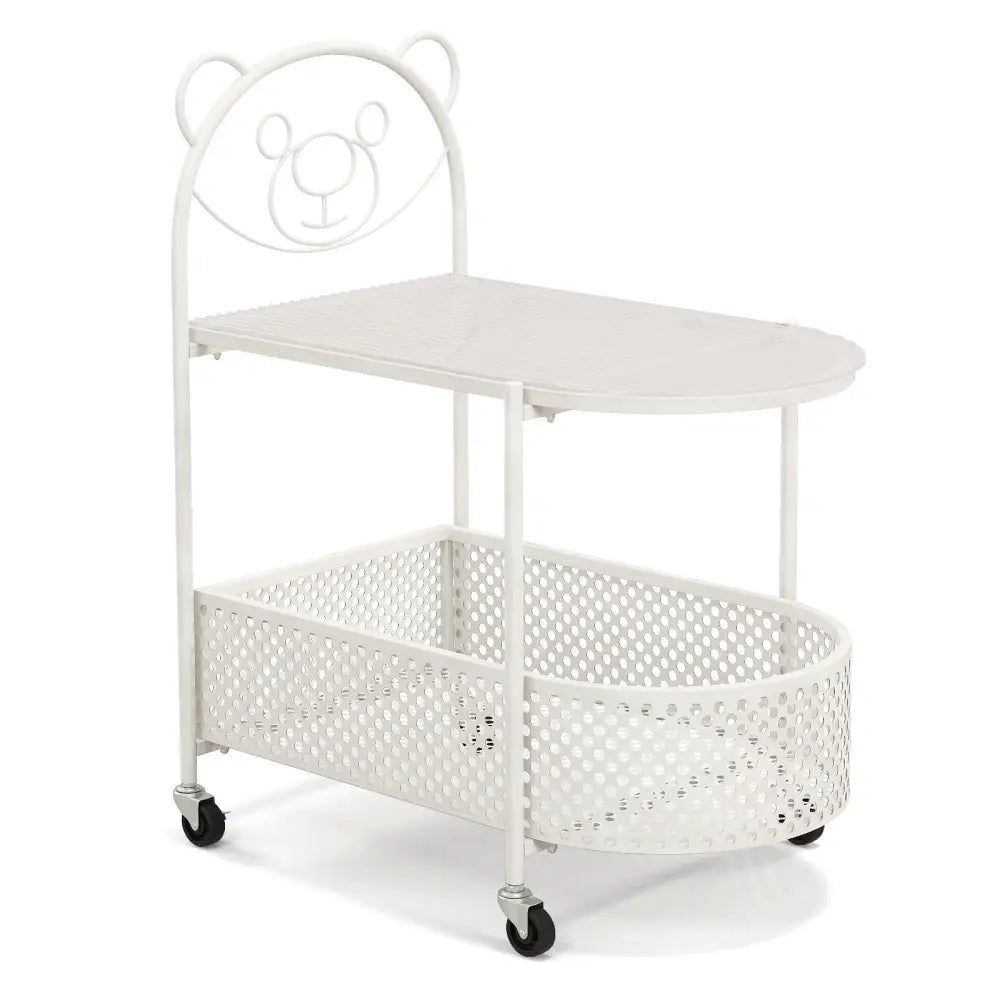 2-Tier Mobile Glass Coffee Table with Bear Pattern-White - White - End & Side Tables
