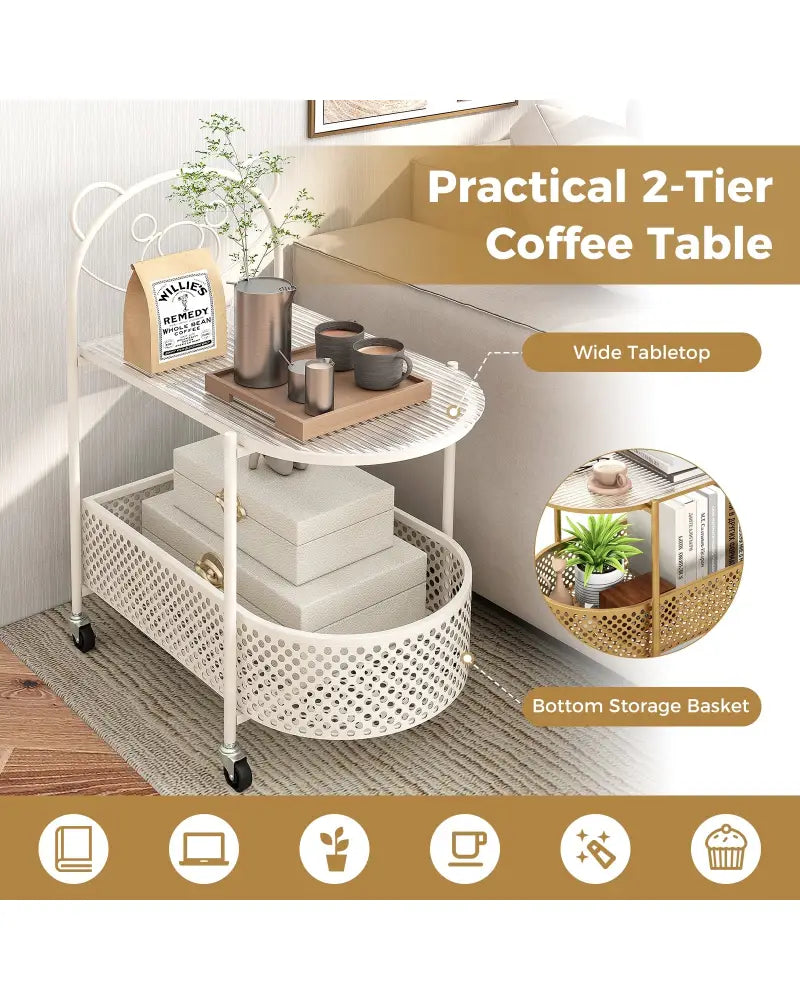 2-Tier Mobile Glass Coffee Table with Bear Pattern-White - White - End & Side Tables