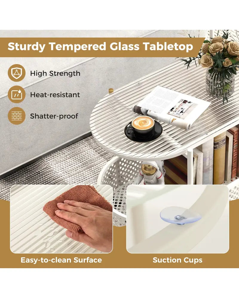 2-Tier Mobile Glass Coffee Table with Bear Pattern-White - White - End & Side Tables