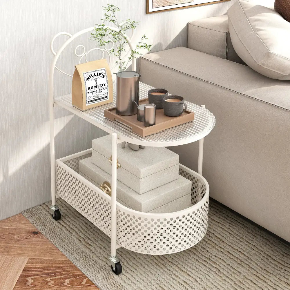 2-Tier Mobile Glass Coffee Table with Bear Pattern-White Costway
