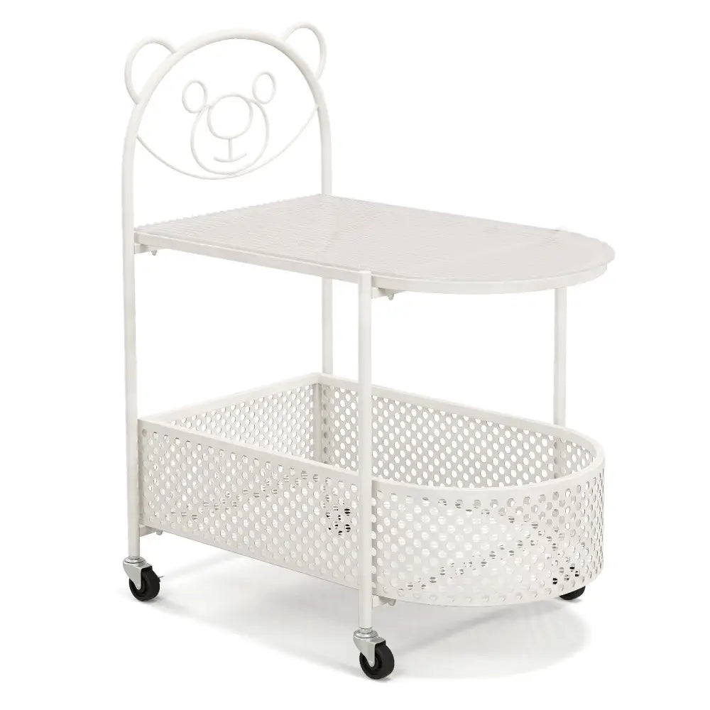 2-Tier Mobile Glass Coffee Table with Bear Pattern-White Costway