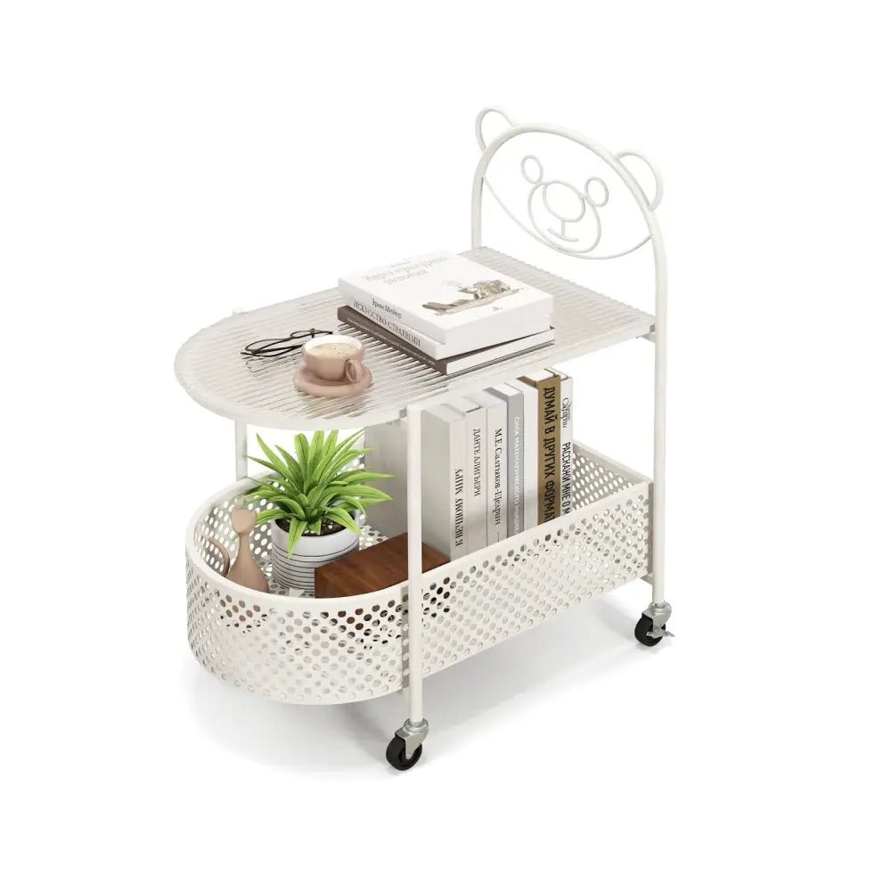 2-Tier Mobile Glass Coffee Table with Bear Pattern-White Costway