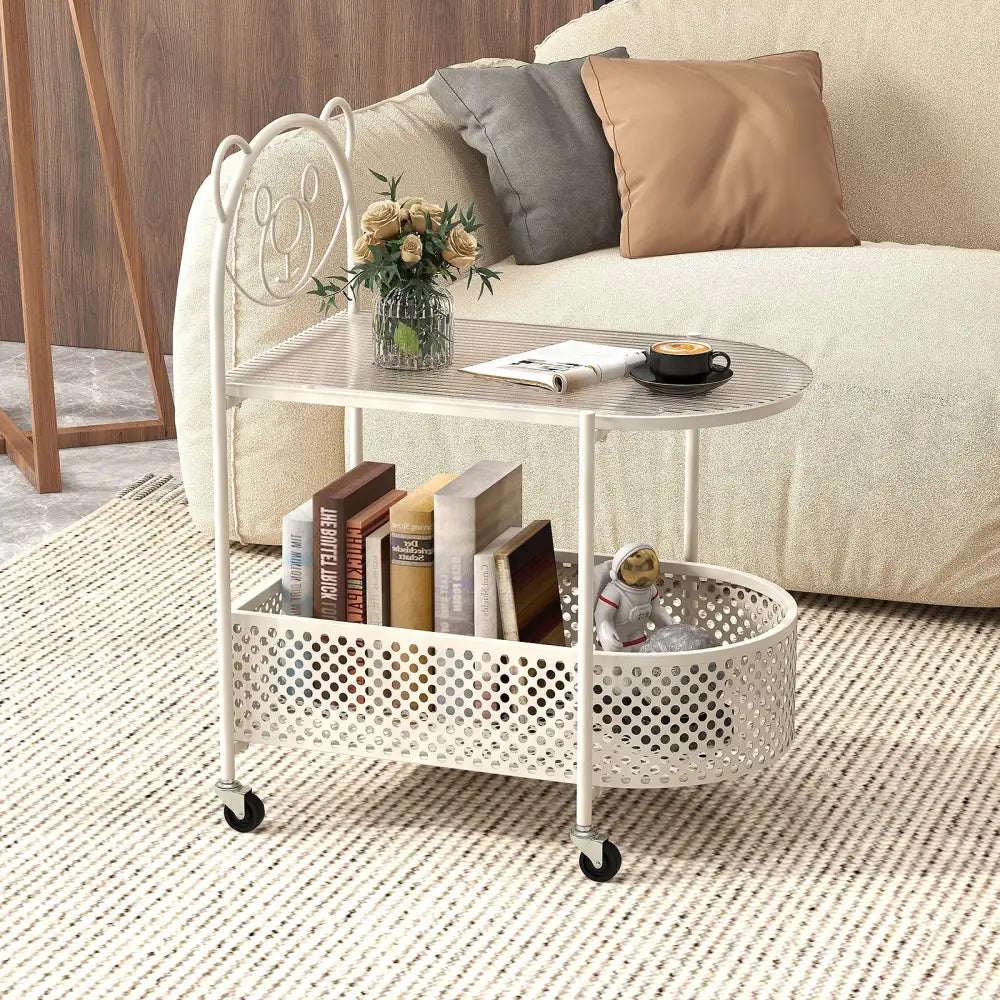 2-Tier Mobile Glass Coffee Table with Bear Pattern-White - White - End & Side Tables