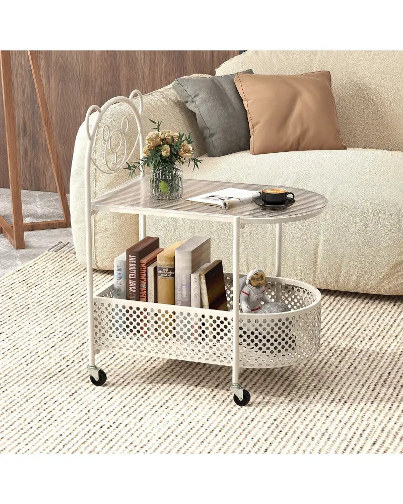 2-Tier Mobile Glass Coffee Table with Bear Pattern-White - White - End & Side Tables