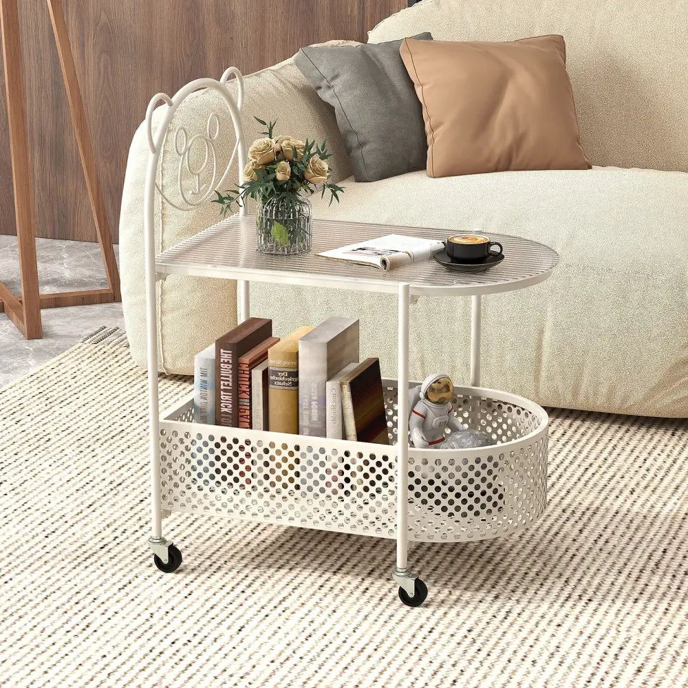 2-Tier Mobile Glass Coffee Table with Bear Pattern-White Costway