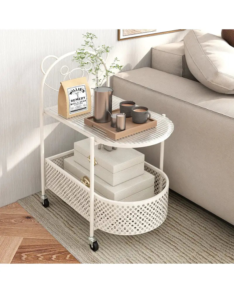 2-Tier Mobile Glass Coffee Table with Bear Pattern-White - White - End & Side Tables