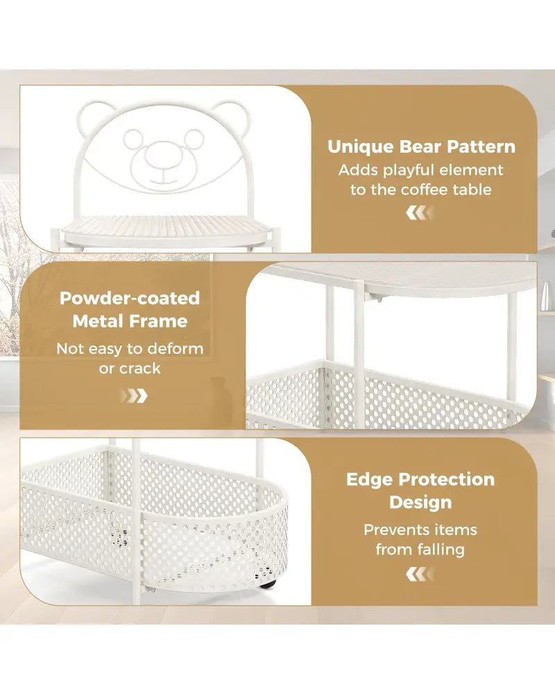 2-Tier Mobile Glass Coffee Table with Bear Pattern-White - White - End & Side Tables