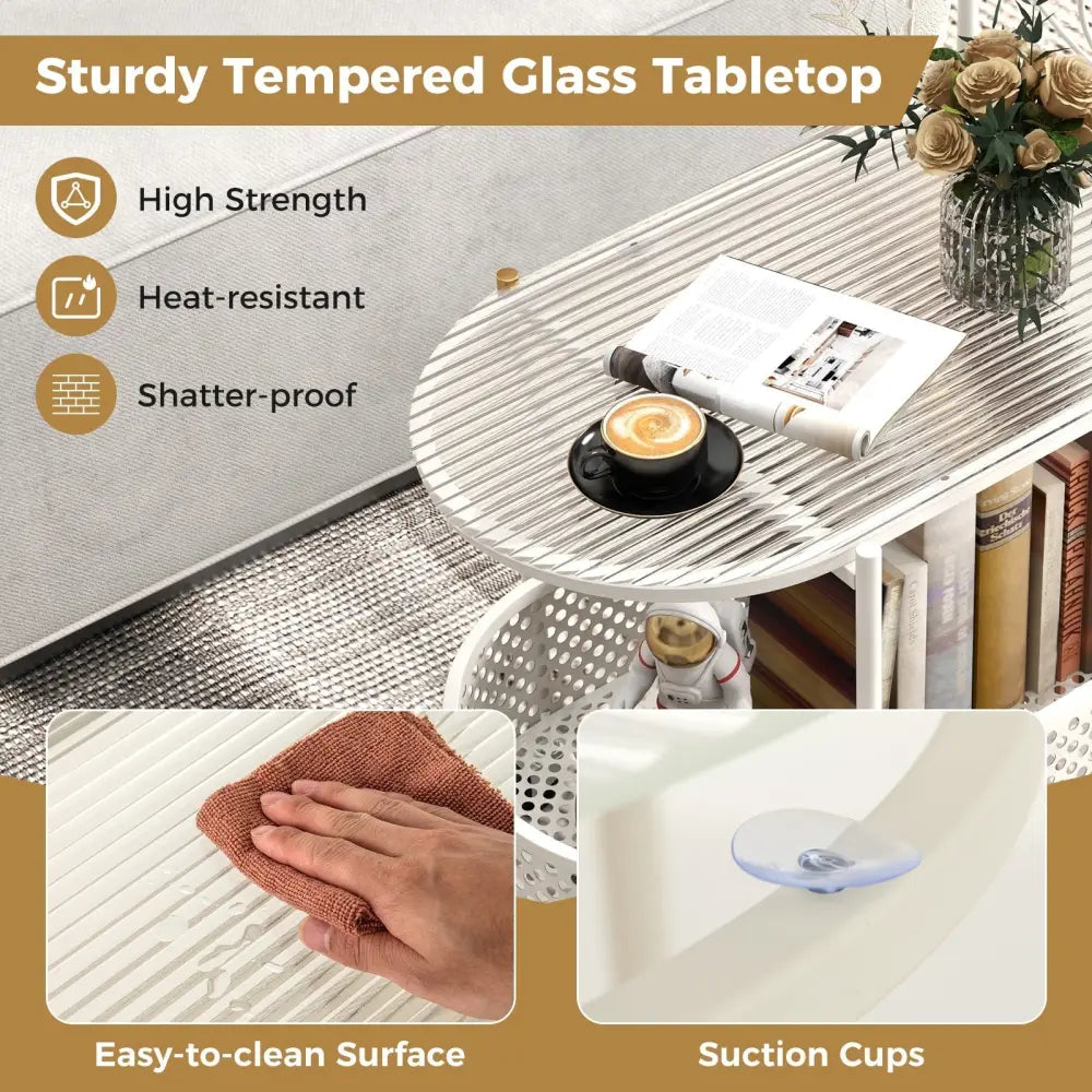 2-Tier Mobile Glass Coffee Table with Bear Pattern-White Costway