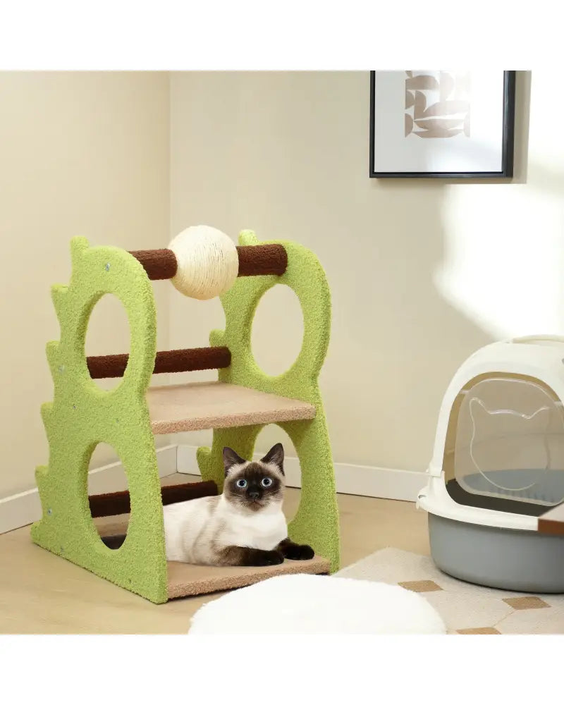 2-Tier Modern Cat Tree for Indoor Cats with Rotatable Sisal Scratching Ball-Green - Green - Cat Trees Condos &